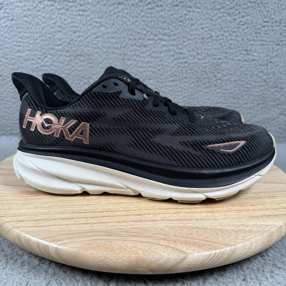 Hoka Clifton 9 Shoes Womens 9.5 Black White Rose Gold Road Jogging Trainer